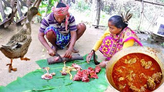 house pet DUCK MEAT curry cooking by santali tribe couple for lunch || village cooking