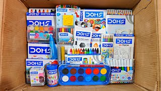 Unboxing Doms Stationery, School Supplies, Water Colour, Oil Pastel, Wax Crayons, Pencil, Sharpener
