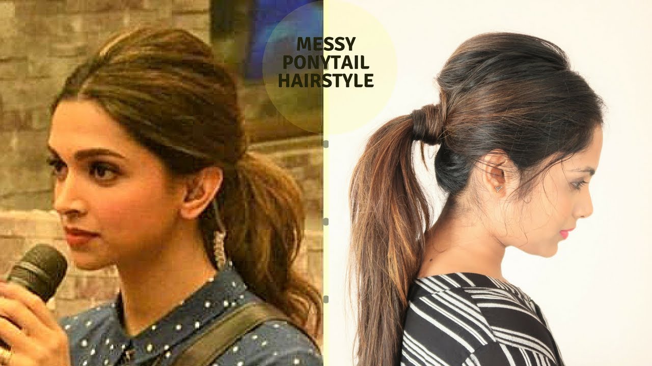 Messy Ponytail Hairstyle for medium to long hair / inspired by deepika  padukone - YouTube