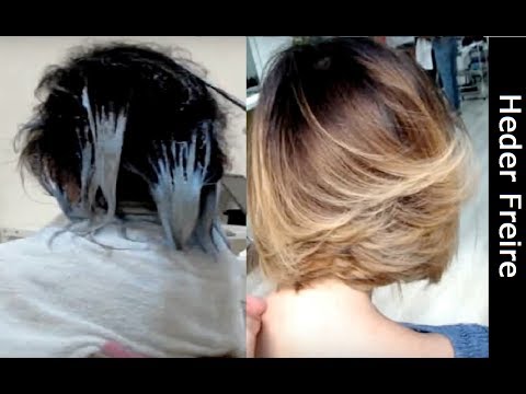 Ombre Hair , Free Hands , Long Bob Assimétrico Repicado , Antes e Depois