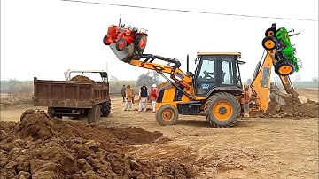 JCB 3DX plus loading Machine and Mahindra 575 DI tractor trolley mud loading video