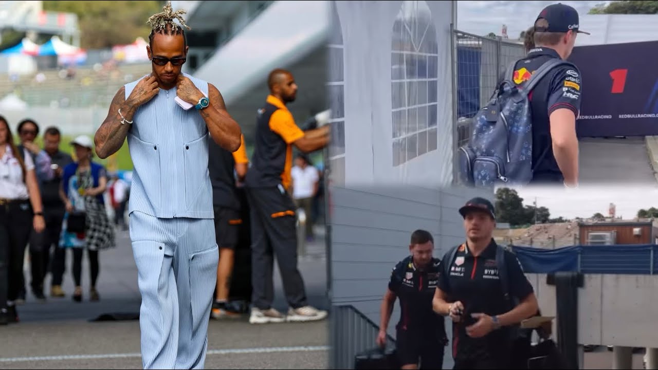 Lewis Hamilton & Max Verstappen with a Louis Vuitton bag arrive on race day