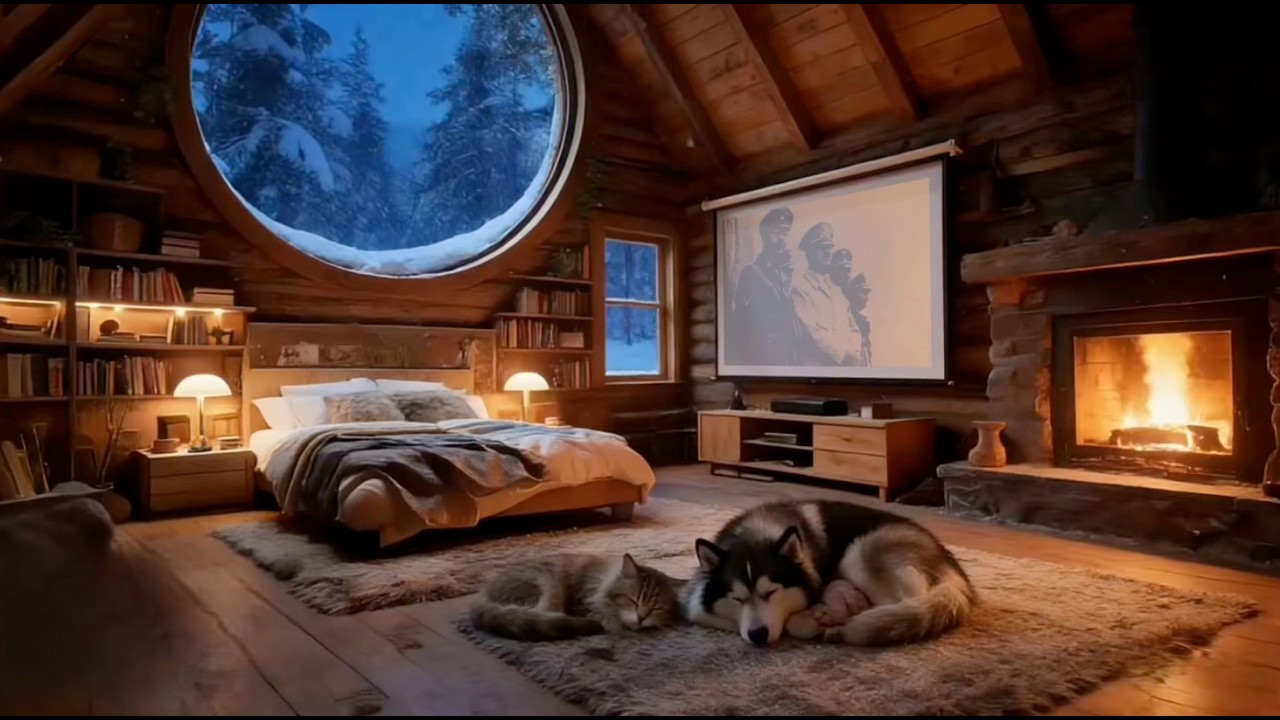 Fireplace White Noise for Deep Sleep | Cozy Cabin Bedroom | Snowy Round Window | Low-Stimulus Night