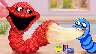 Hungry Snake Vs  Big Worm  Best Fried Cheese Mini Big Worm Food So Cute  Mina Mini Kitchen