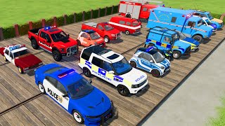 TRANSPORTING CARS, FIRE TRUCK, POLICE CARS, AMBULANCE OF COLORS! WITH TRUCKS!  FARMING SIMULATOR 22