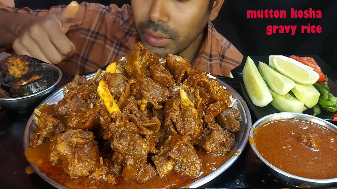 MUTTON CURRY BIHARI STYLE in Pressure Cooker huge rice brinjal fry mutto gravy eating show