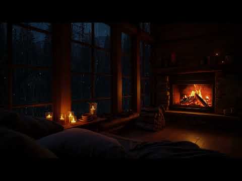 A Cozy Cabin Night with Rain and Fireplace Sounds Deep in The Forest