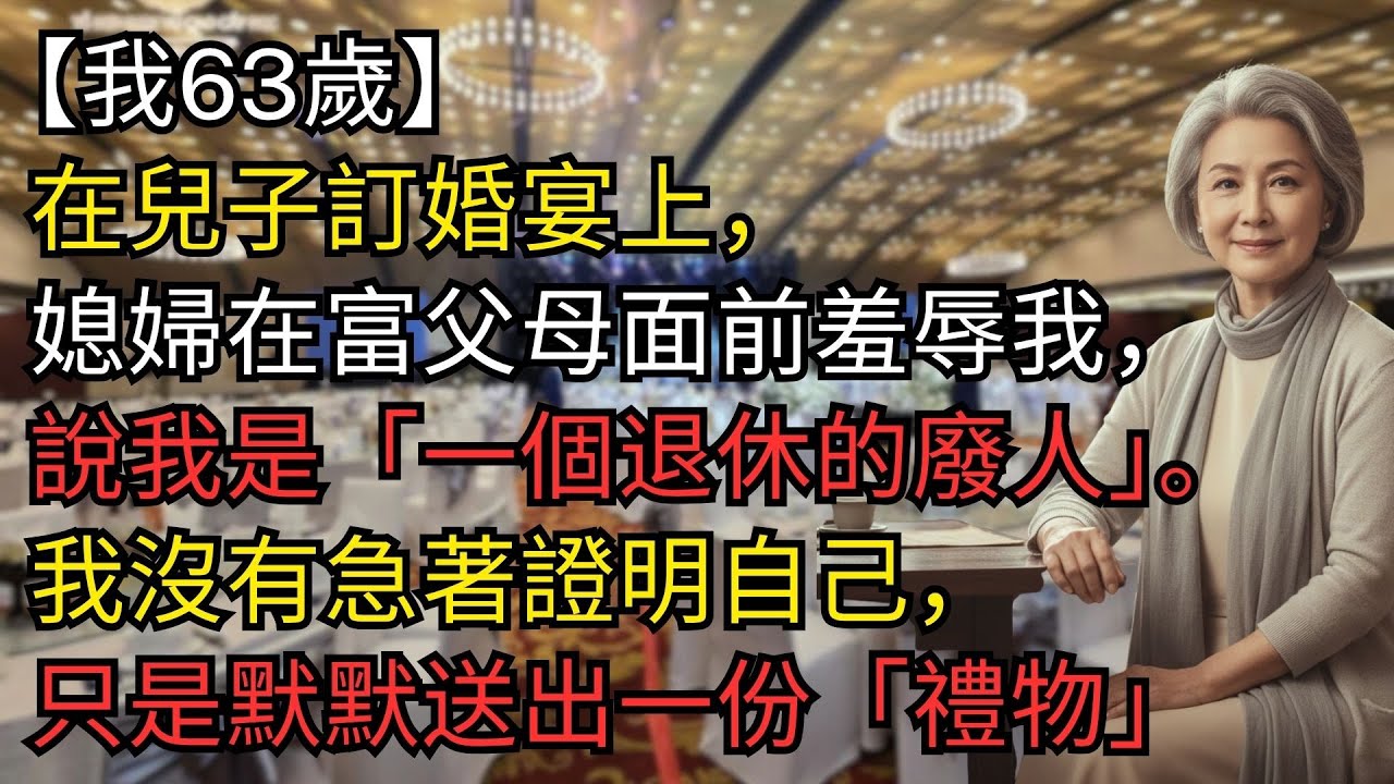 【我63歲】在兒子訂婚宴上，媳婦在富父母面前羞辱我，說我是「一個退休的廢人」。我沒有急著證明自己，只是默默送給他們一份「禮物」，等他們回到家時，所有人都後悔了