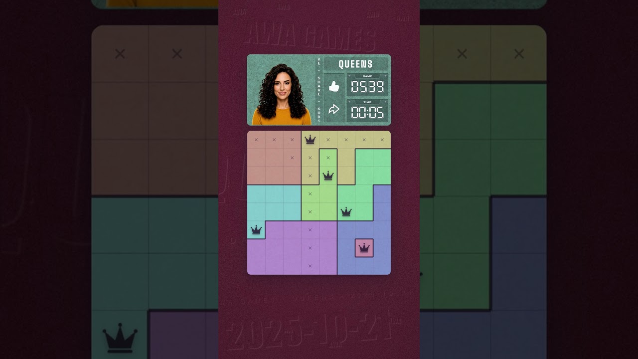 LinkedIn Queens #539 solved board for October 21, 2025, 8x8 grid