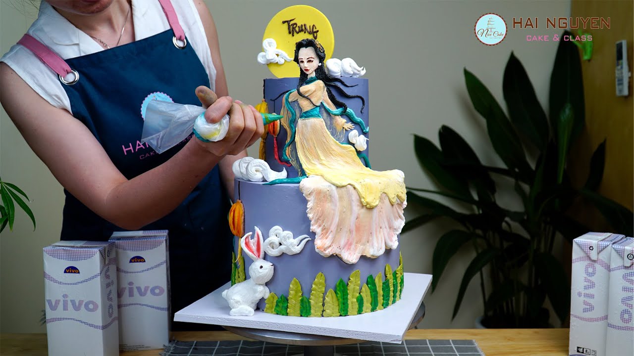 Trang Trí Bánh Kem Hai Tầng Độc Đáo Vẽ Tạo Hình Chị Hằng Nga Xinh Xắn