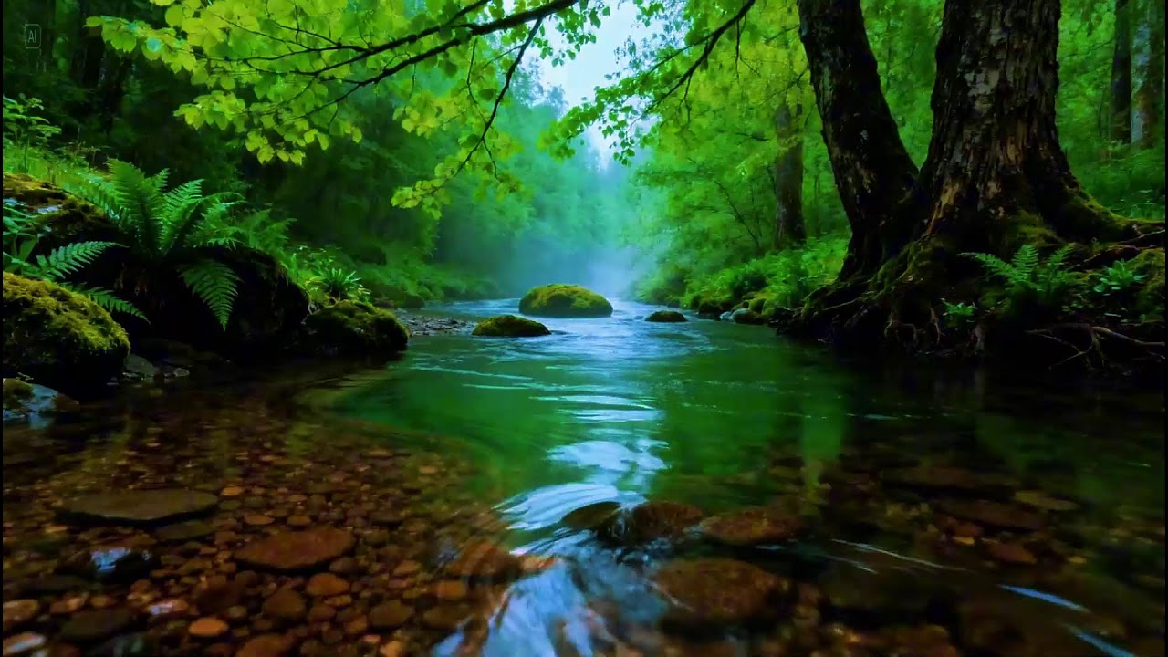 Healing Forest Ambience Sounds | River Flowing in Hidden Forest | Birds Chirping Softly in Nature