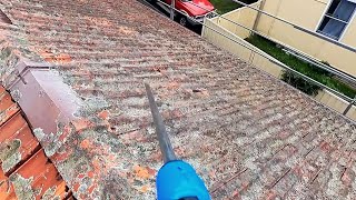 Pressure washing terracotta roof, lichen removal POV