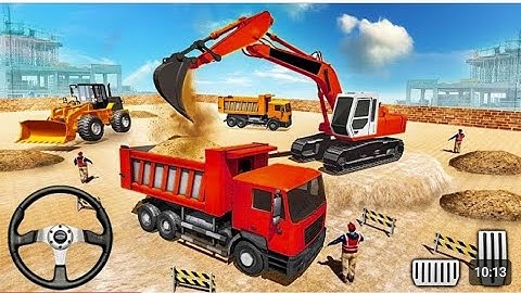 Excavator Backhoe Loading Dump Truck with Snow at Quarry Site - Android Gameplay
