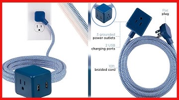 Cordinate 3-Outlet Extension Cord Cube with 2 USB Ports (2.4 AMPS), 10 Ft Braided Cord, Power Strip,