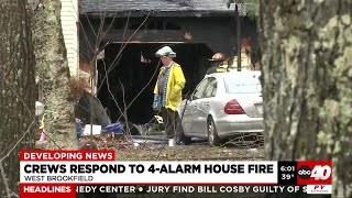 Four-alarm fire damages West Brookfield home, cat rescued