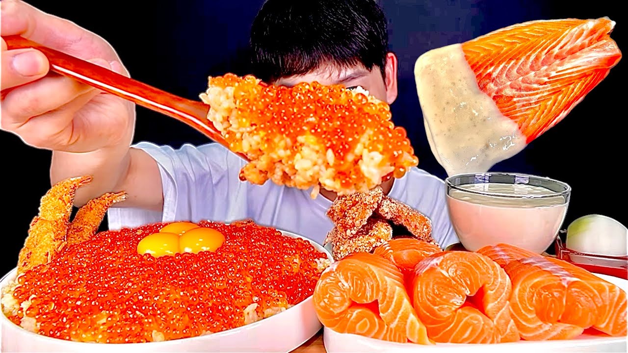 ASMR 오도독 연어알덮밥과 두툼한 생연어회 통양파 너겟 새우튀김 먹방~!! Rice with Salmon Roe With Salmon Fried Shrimp MuKBang~!!