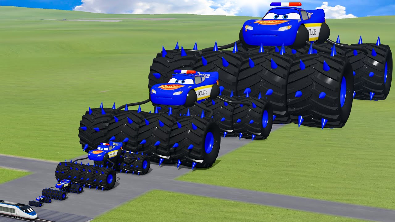 Big & Small Blue Lightning McQueen Police Cars vs Thomas Trains | BeamNG.Drive