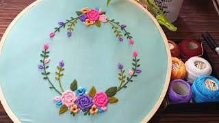 Beautiful Embroidery Wreath Design| How to make Bullion Knot Roses | step by step tutorial.