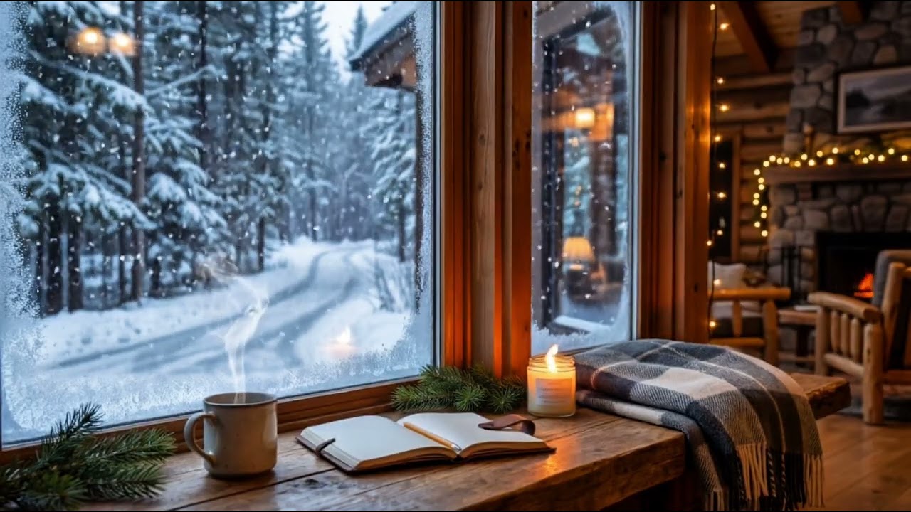 Cozy Winter Cabin Ambience ❄️ Soft Piano Music & Snowy Forest View
