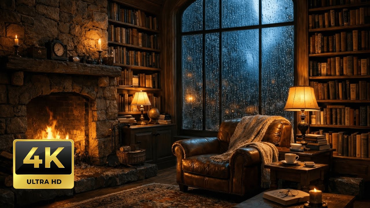 Cozy Cabin Library Ambience & Jazz 🌧️🔥 Rain on Window & Fireplace Sounds [3 Hours of Focus]