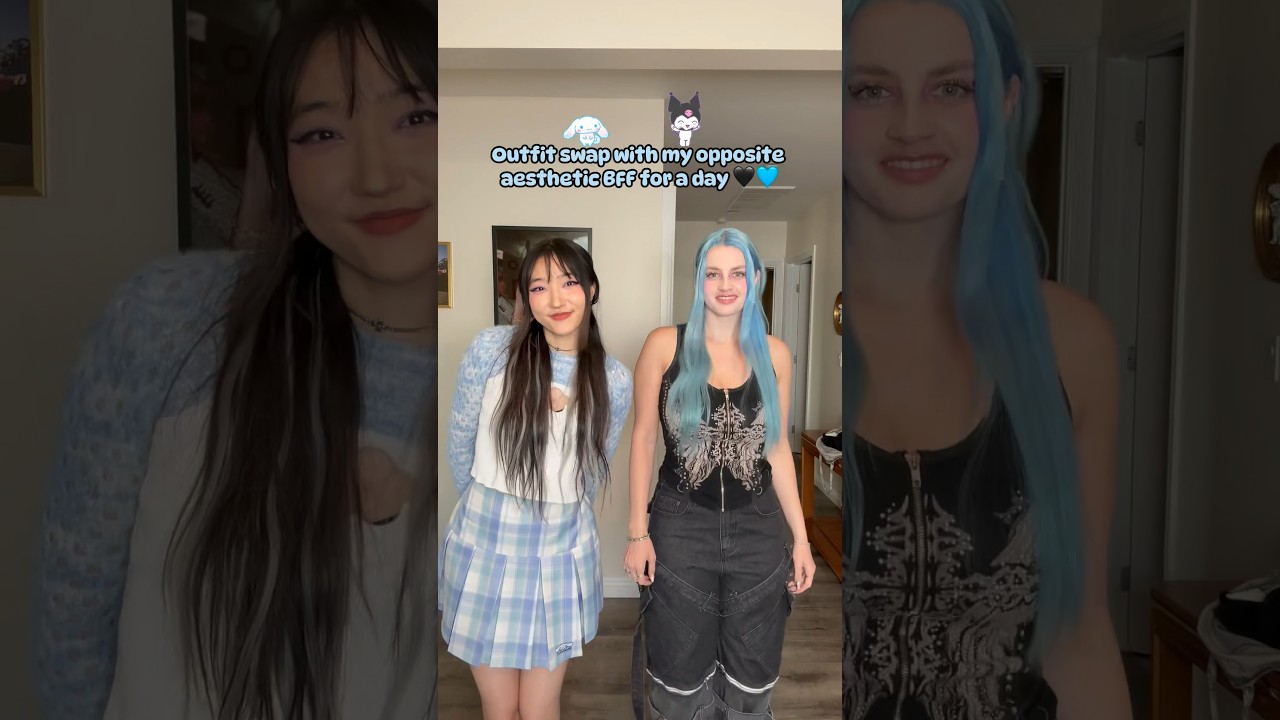 Cinnamoroll & Kuromi outfit swap with my opposite aesthetic BFF for a day 🖤🩵