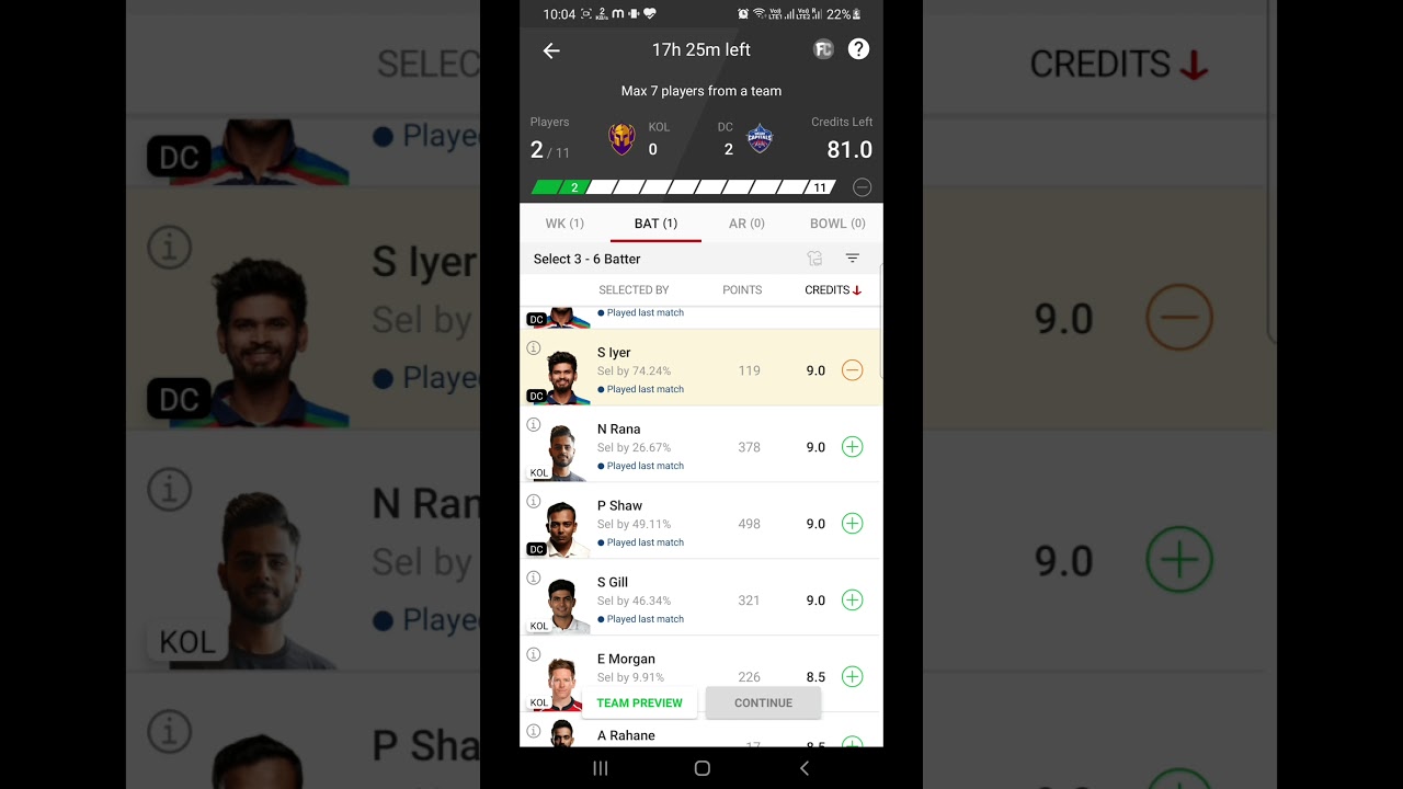 dream11 Fantasy league  dream team | kkr vs dc | dream11 par team kaise bnaye | 