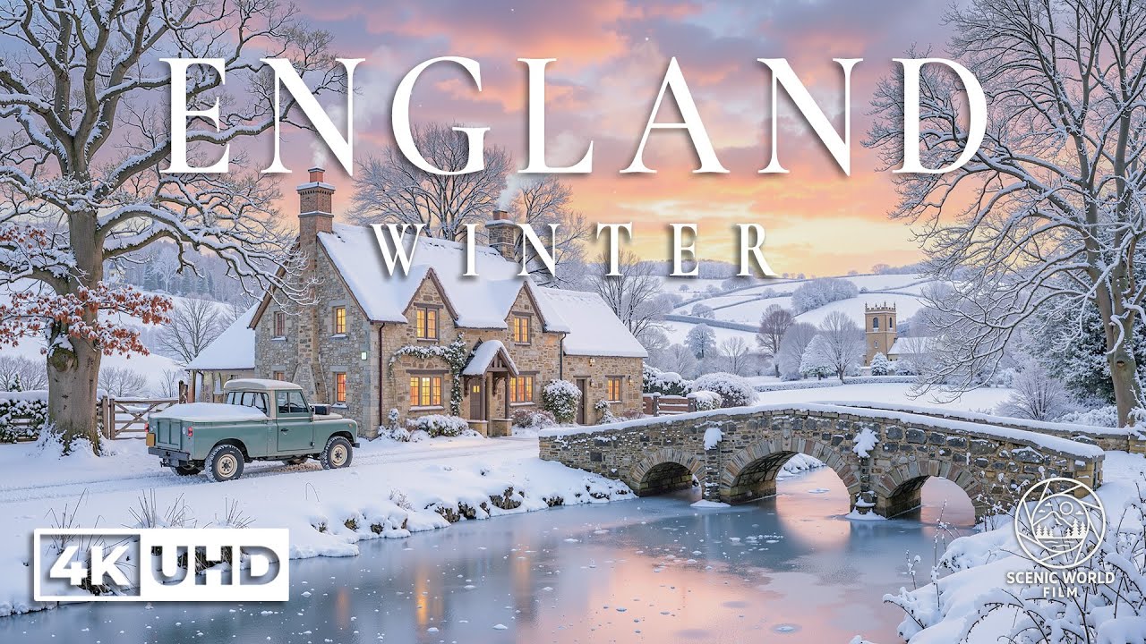 Англия 4K - Зимнее очарование туманных сельских деревень, Морозные озера