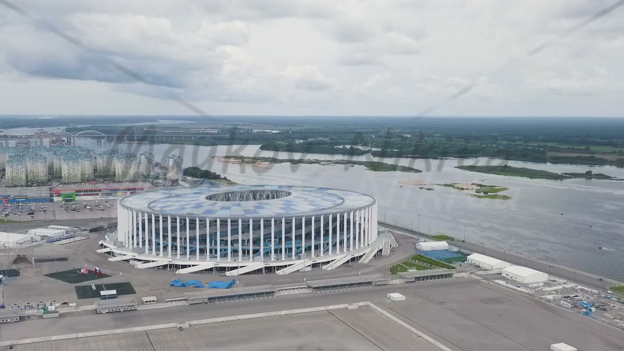 Nizhny Novgorod, Russia - August 8, 2020: Nizhny Novgorod Stadium, Aerial View Hyperlapse