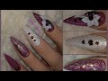 Purple White flakes gel nail art with 3D carved gel design