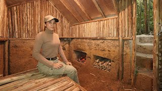 Building Underground Warm Log Cabin Bushcraft Shelter For The Winter, Clay Fireplace