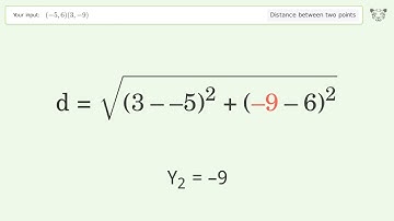 Find the distance between two points p1 (-5,6) and p2 (3,-9): Step-by-Step Video Solution