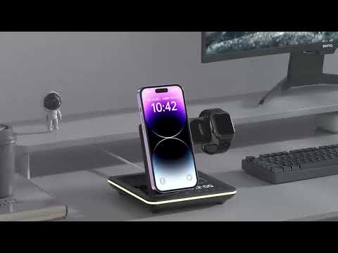Беспроводная зарядная док станция 5в1 докстанция с часами для iPhone айфон эпл вотч AirPods c LED подсветкой, видео 2