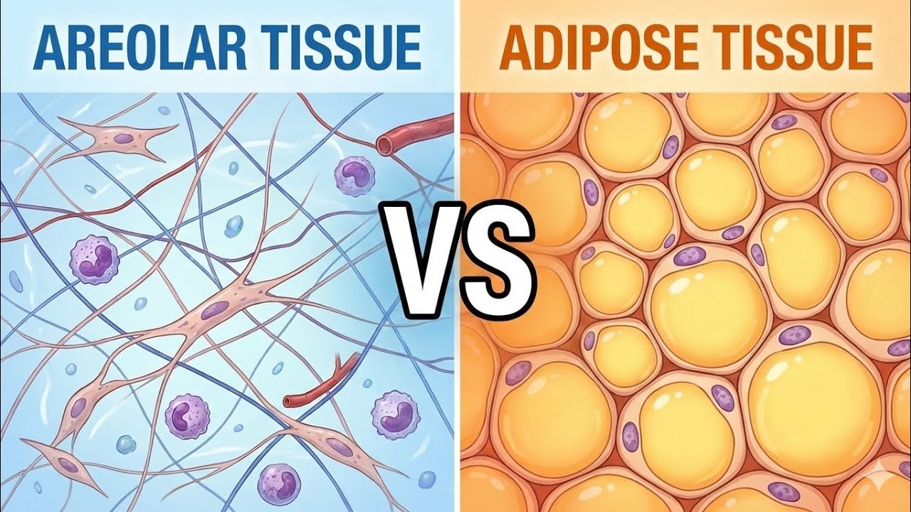 DIFFERENCE BETWEEN AREOLAR TISSUE AND ADIPOSE TISSUE - YouTube