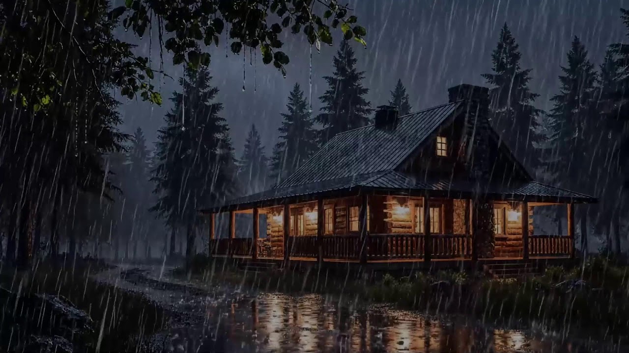 Heavy Rain & Thunderstorm Sounds in a Cozy Forest Cabin | 4K Night Rain for Deep Sleep & Relaxation