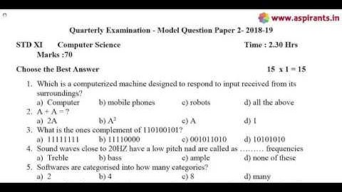 11th Computer Science Quarterly Exam 2018-19 Model Question Paper 2 | English Medium