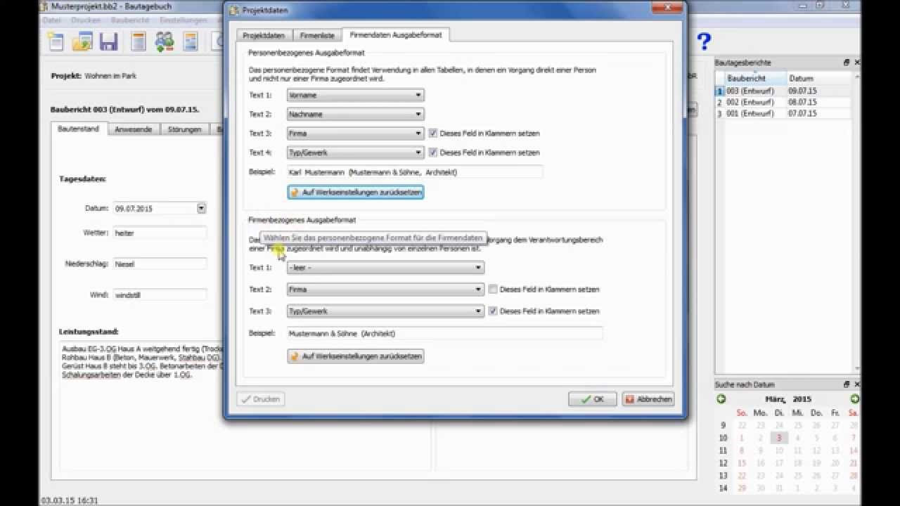 Update Bauskript Bautagebuch: Schritt 1: Firmenlisten und Projektdaten
