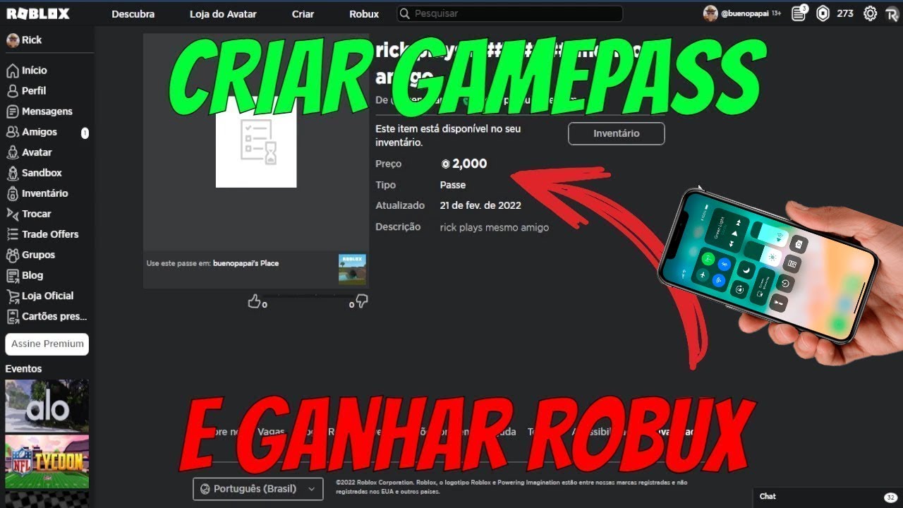 Celular) Como criar Gamepass grátis no Roblox - Game pass Grátis