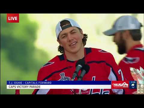 Capitals Forward T.J. Oshie speaks to fans at Victory Parade