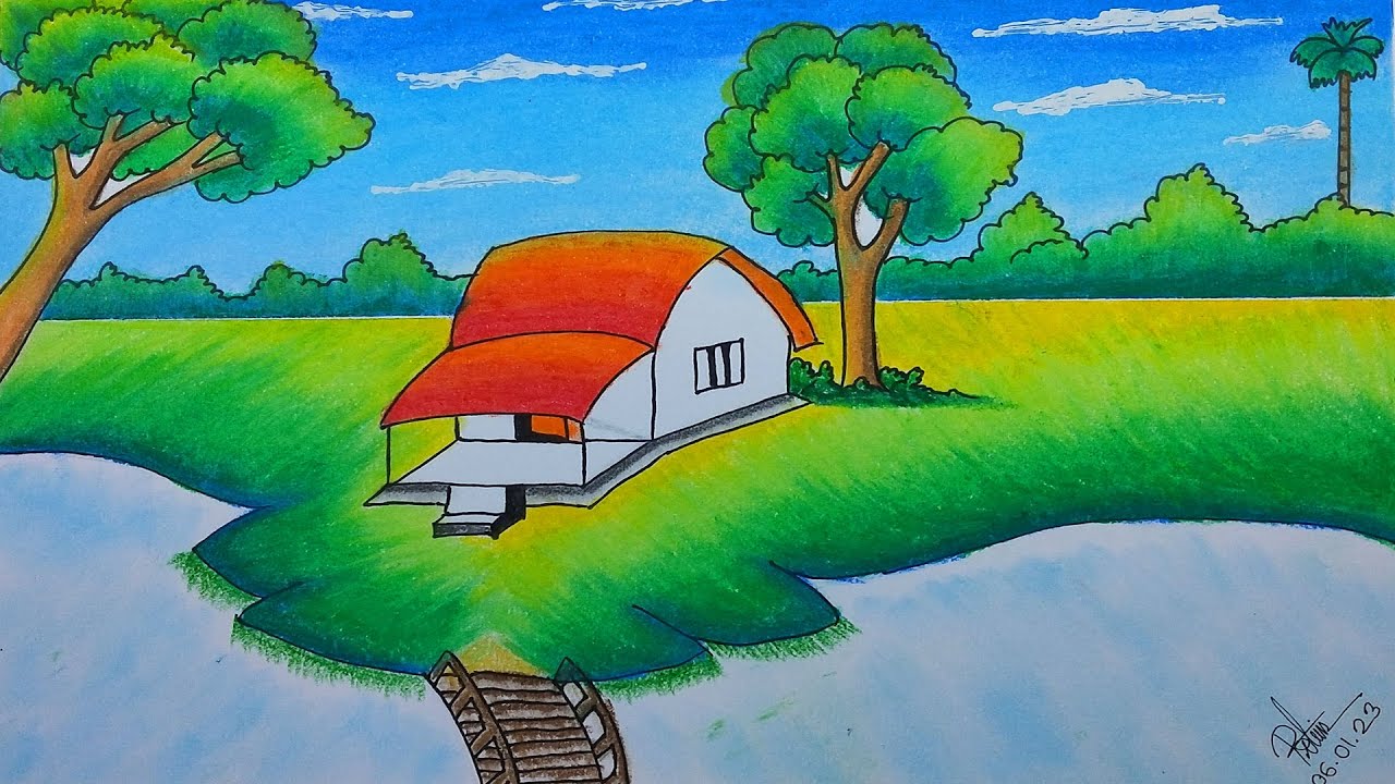 How to Draw Easy Riverside Village Scenery Drawing | Beautiful ...