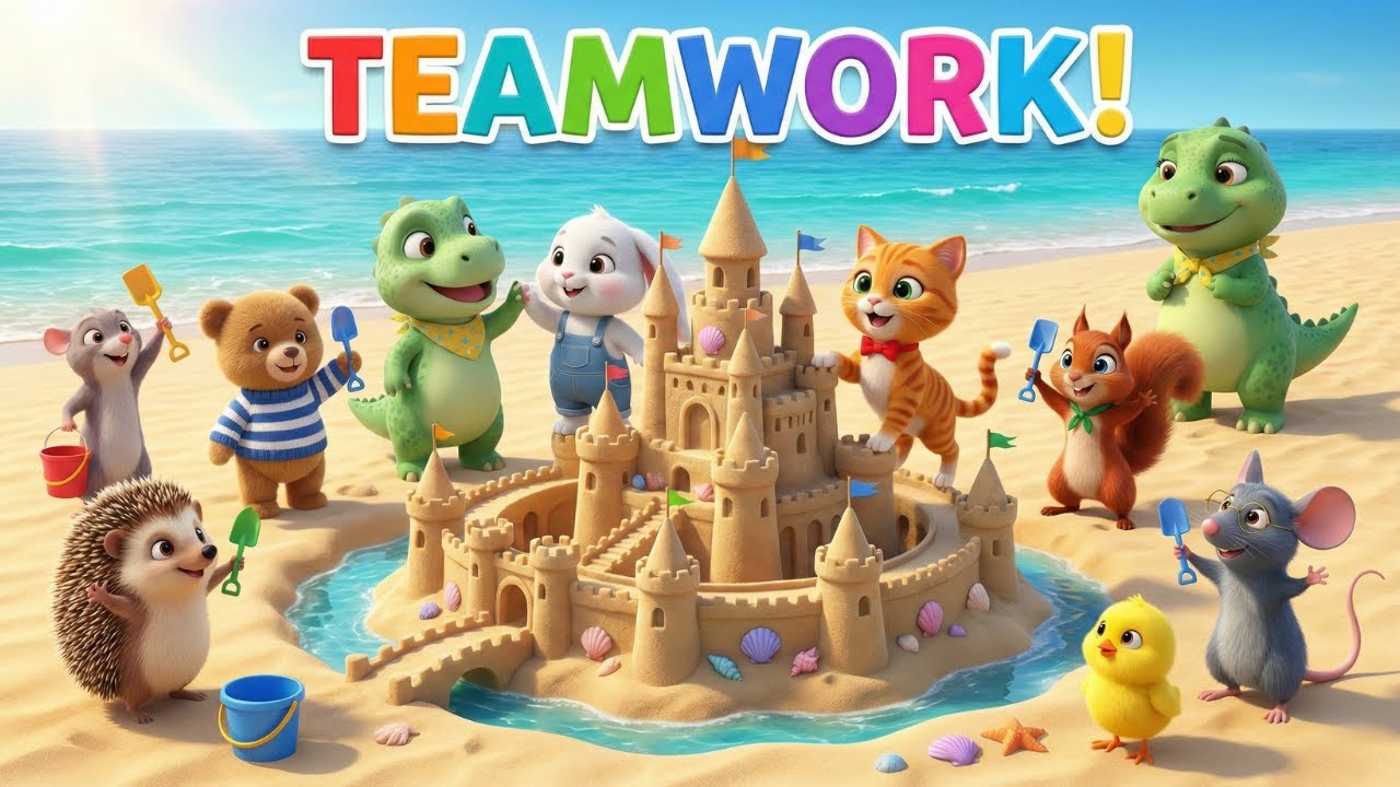 Dino Learns Teamwork | Building a Sandcastle Together | Educational Cartoons for Kids