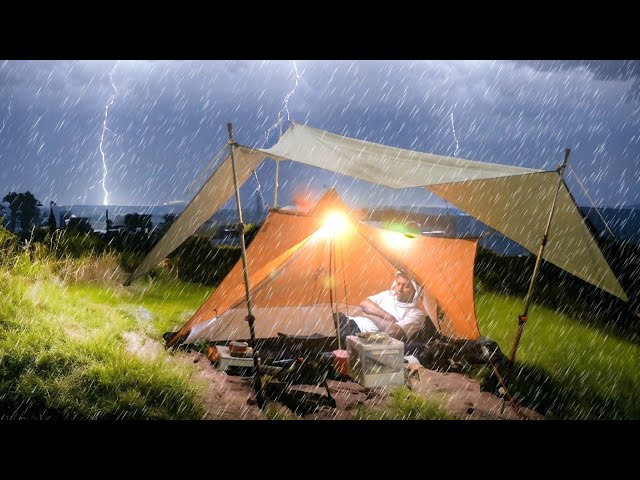 ⛈️ UNPREDICTED NIGHT STORM! Solo camping in heavy rain (Downpour & Strong Wind) class=