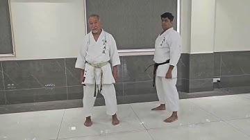 Side-step and make Neko ashi dachi, simultaneously Jodan nagashi uke and Mae ashi mae geri counter