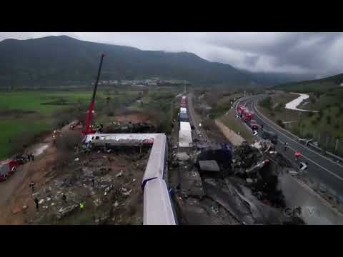Aerial view of train crash site aftermath in Greece