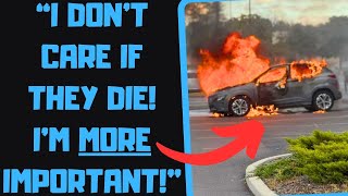 r/EntitledPeople - Karen Idiot BLOCKS FIRETRUCKS With His Fancy Car! Mad When TOWED!