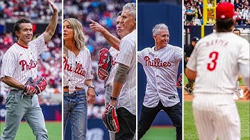 💂 Rob McElhenney ceremonial ⚾️ 1st double play with Chase Utley + Bryce Harper in London 🇬🇧
