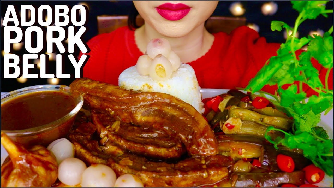 ASMR PORK BELLY ADOBO, RICE, EGGPLANT CHILLI FRY, ONIONS, VEGGIES, JUICE EATING SOUNDS 咀嚼音 먹방