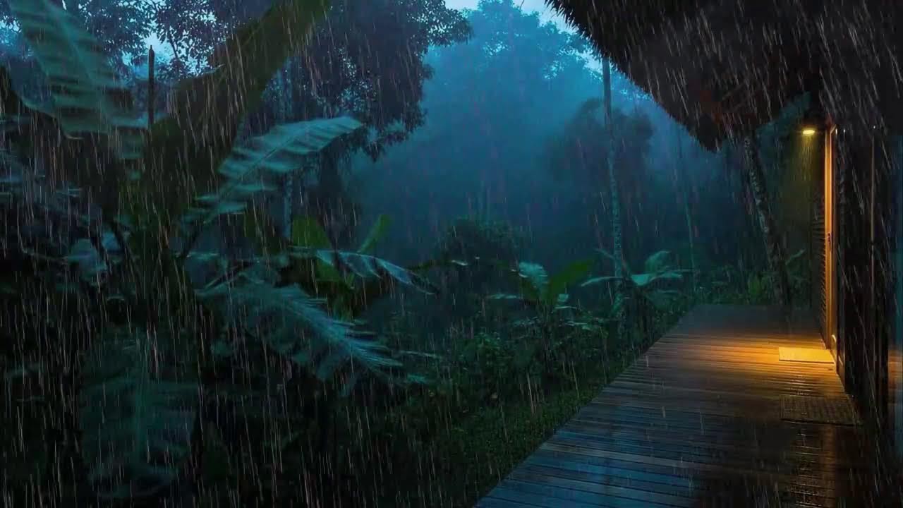 Quick Sleep with Light Rainfall and Rolling Thunder Echo at Forest Cabin Terrace 🌧️