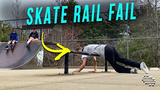 Guy Falls to the Ground Attempting a Trick on the Skate Rail