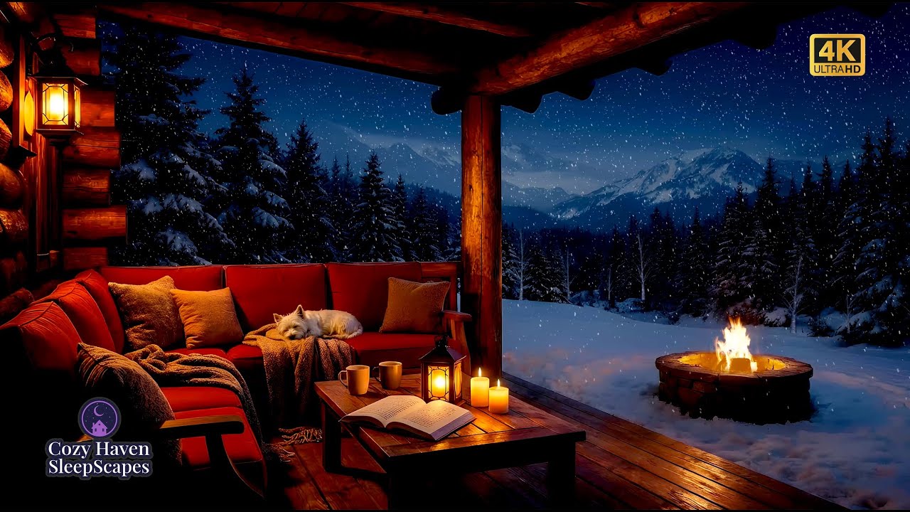Cozy Snowy Cabin Porch ❄️🔥 | Fire Pit Sounds, Gentle Wind & Sleeping Dog Ambience (10 Hours)