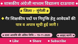 शा.अंग्रेजी.मा.विद्यालय मुंगेली गैर शिक्षकीय पदों पर चयनित आवेदकों की पात्र व अपात्र सूची हुई जारी।